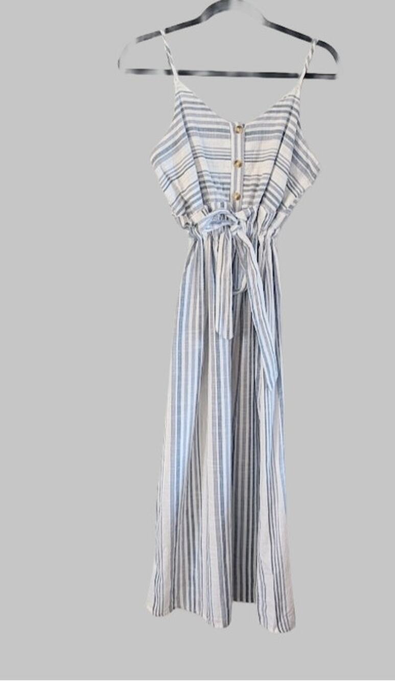 Japna Blue White Stripe Cotton Midi Sundress Medium Drawstring Waist Pockets
